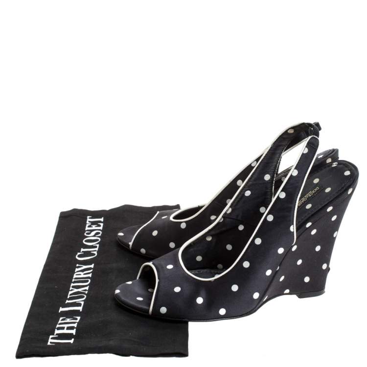 Pre Owned Dolce & Gabbana Black Satin Polka Dot Slingback Wedges Size 38