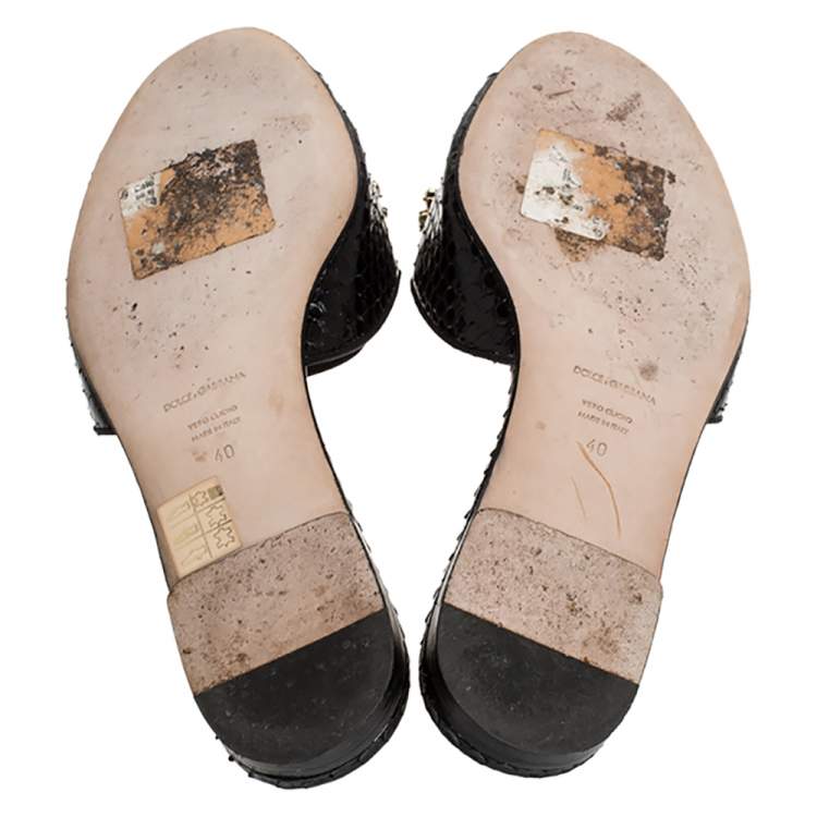 Pre Owned Dolce & Gabbana Black Crystal Embellished Snakeskin Leather Bianca Flat Slides Size 40