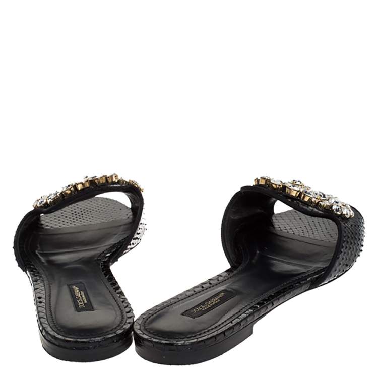 Pre Owned Dolce & Gabbana Black Crystal Embellished Snakeskin Leather Bianca Flat Slides Size 40