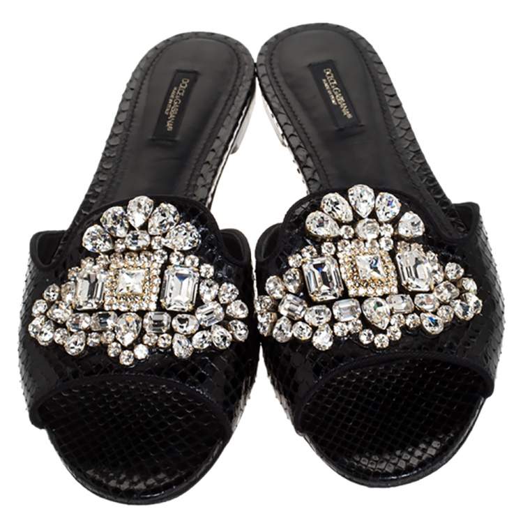 Pre Owned Dolce & Gabbana Black Crystal Embellished Snakeskin Leather Bianca Flat Slides Size 40