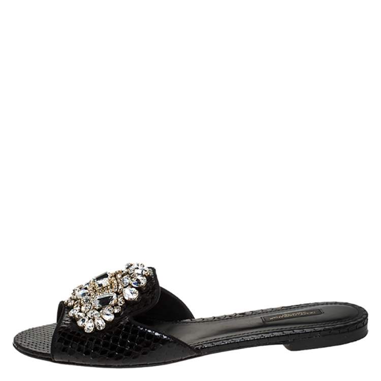 Pre Owned Dolce & Gabbana Black Crystal Embellished Snakeskin Leather Bianca Flat Slides Size 40