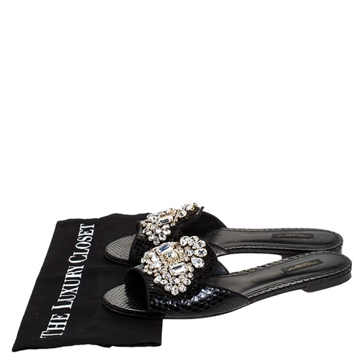 Pre Owned Dolce & Gabbana Black Crystal Embellished Snakeskin Leather Bianca Flat Slides Size 40
