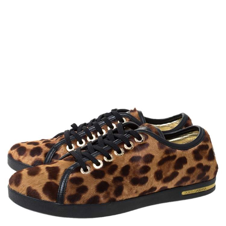 Pre Owned Dolce & Gabbana Brown Leopard Print Calf Hair Low Top Sneakers Size 37.5