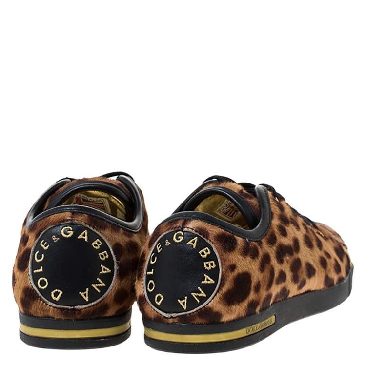 Pre Owned Dolce & Gabbana Brown Leopard Print Calf Hair Low Top Sneakers Size 37.5