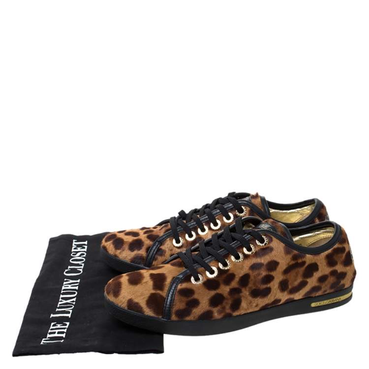 Pre Owned Dolce & Gabbana Brown Leopard Print Calf Hair Low Top Sneakers Size 37.5