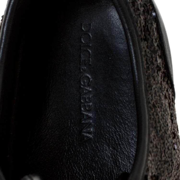Pre Owned Dolce & Gabbana Black Sequins and Leather Cap Toe Low Top Sneakers Size 38