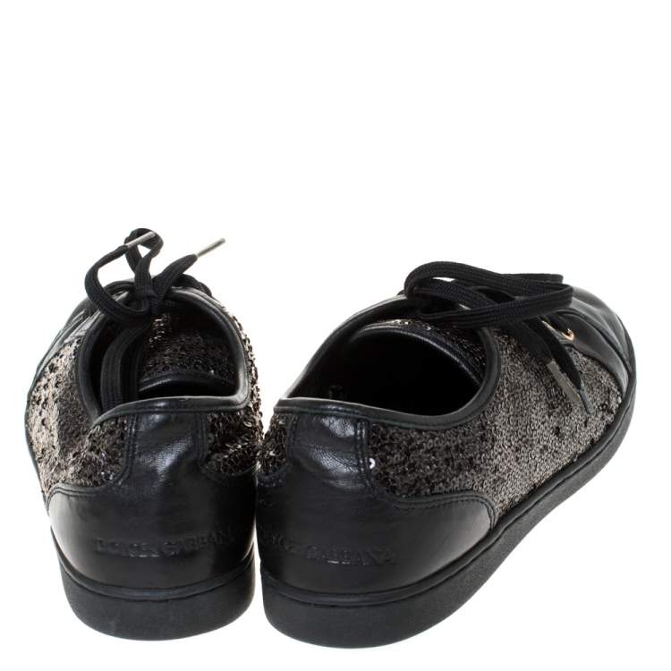 Pre Owned Dolce & Gabbana Black Sequins and Leather Cap Toe Low Top Sneakers Size 38