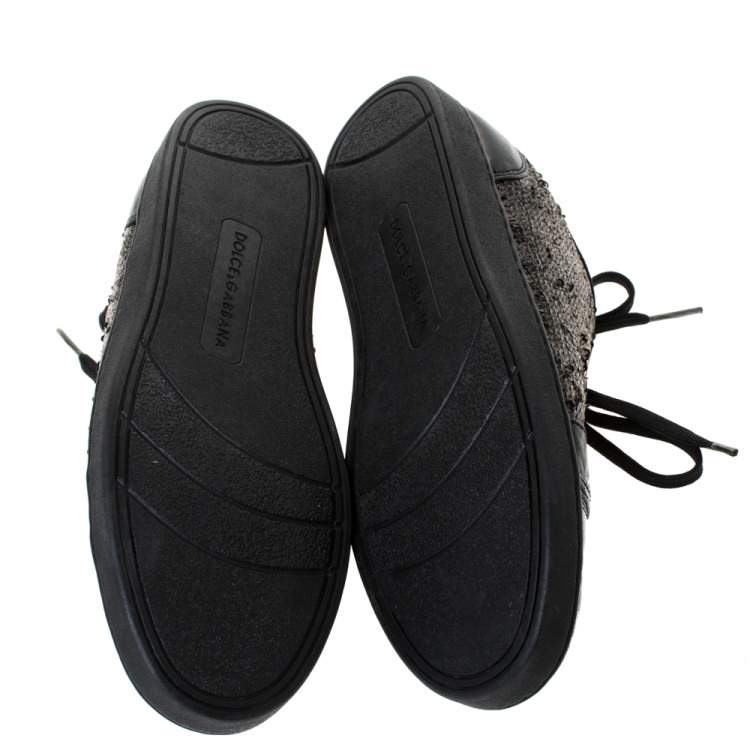 Pre Owned Dolce & Gabbana Black Sequins and Leather Cap Toe Low Top Sneakers Size 38