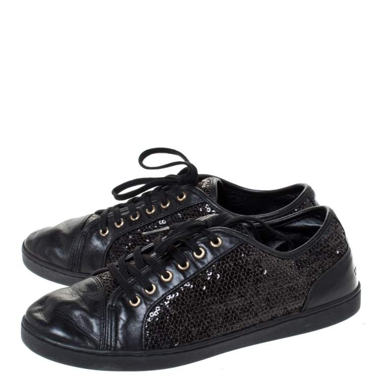 Pre Owned Dolce & Gabbana Black Sequins and Leather Cap Toe Low Top Sneakers Size 38