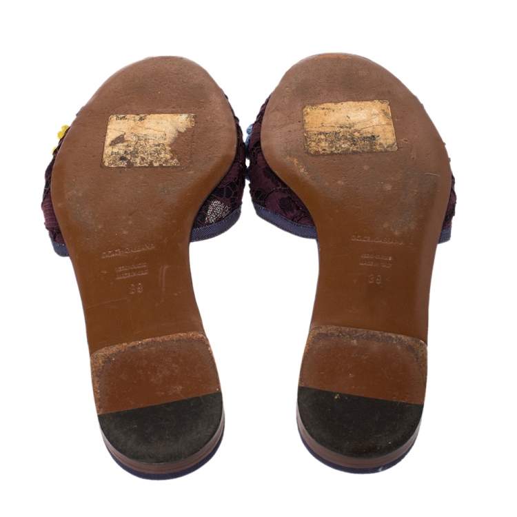 Pre Owned Dolce & Gabbana Brown/Purple Lace Crystal Flower Embellished Flat Slides Size 39