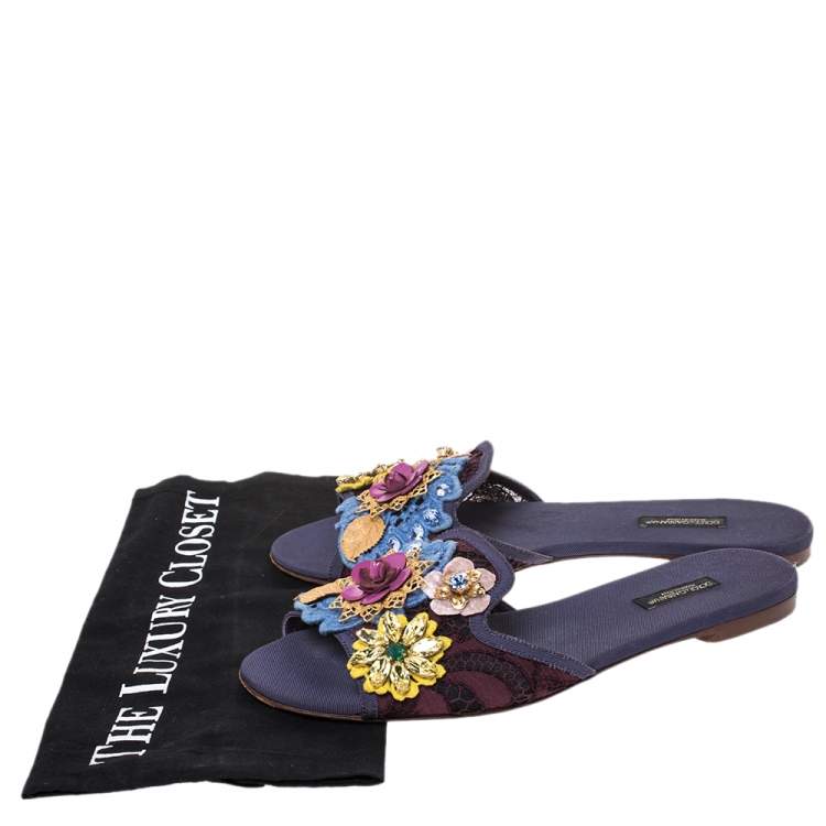 Pre Owned Dolce & Gabbana Brown/Purple Lace Crystal Flower Embellished Flat Slides Size 39
