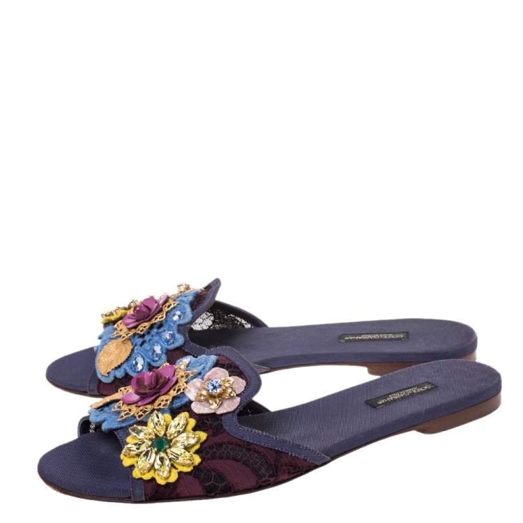Pre Owned Dolce & Gabbana Brown/Purple Lace Crystal Flower Embellished Flat Slides Size 39