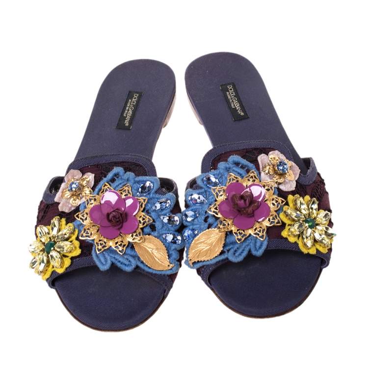 Pre Owned Dolce & Gabbana Brown/Purple Lace Crystal Flower Embellished Flat Slides Size 39