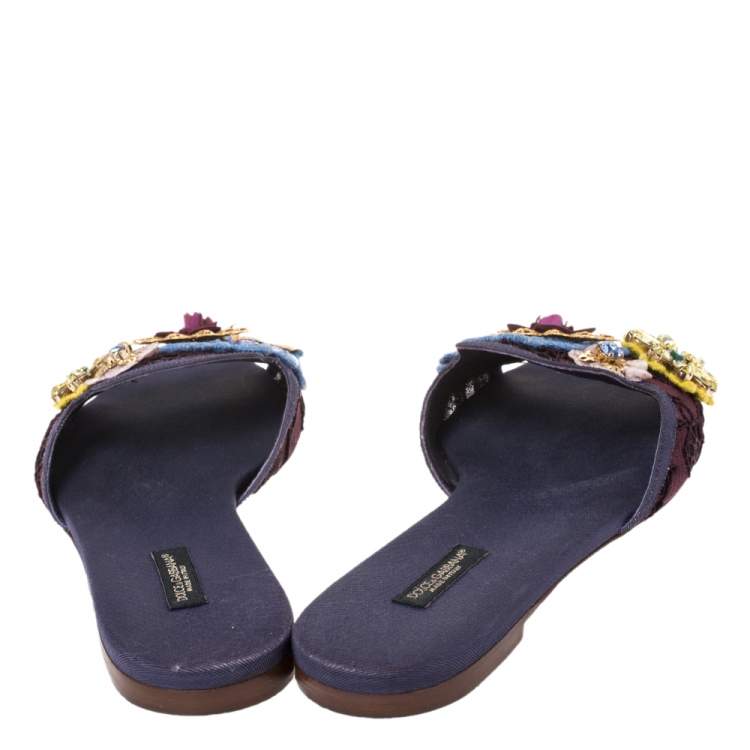 Pre Owned Dolce & Gabbana Brown/Purple Lace Crystal Flower Embellished Flat Slides Size 39