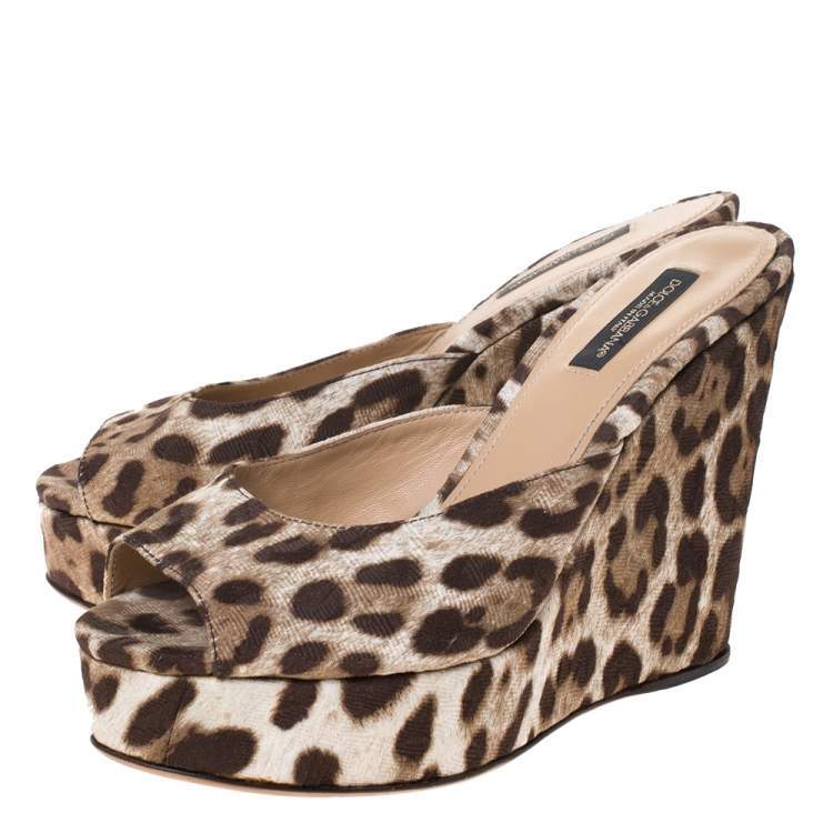 Pre Owned Dolce & Gabbana Leopard Print Canvas Wedge Platform Sandals Size 35