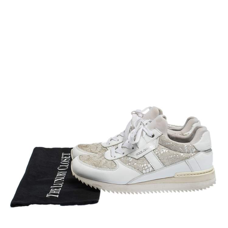 Pre Owned Dolce & Gabbana White Floral Lace and Leather Low Top Sneakers Size 36