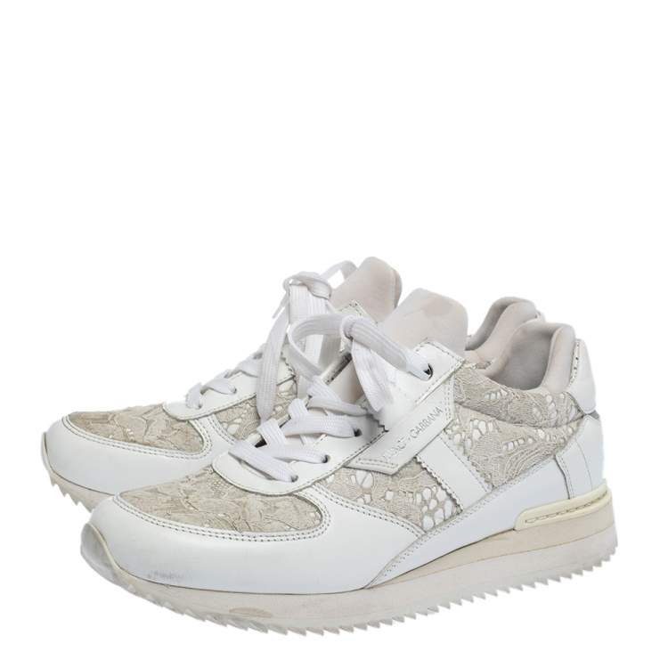 Pre Owned Dolce & Gabbana White Floral Lace and Leather Low Top Sneakers Size 36