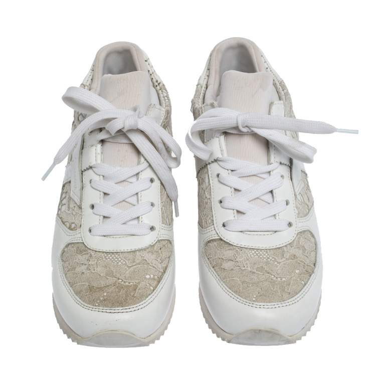 Pre Owned Dolce & Gabbana White Floral Lace and Leather Low Top Sneakers Size 36
