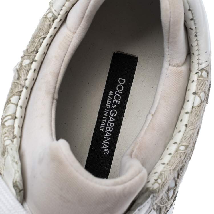 Pre Owned Dolce & Gabbana White Floral Lace and Leather Low Top Sneakers Size 36
