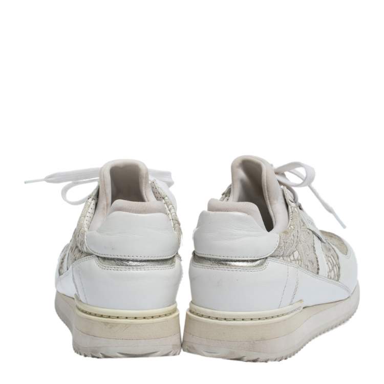 Pre Owned Dolce & Gabbana White Floral Lace and Leather Low Top Sneakers Size 36