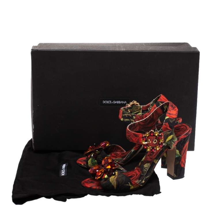 Pre Owned  Dolce & Gabbana Multicolor Floral Printed Fabric Crystal Embellished Ankle Strap Sandals Size 36