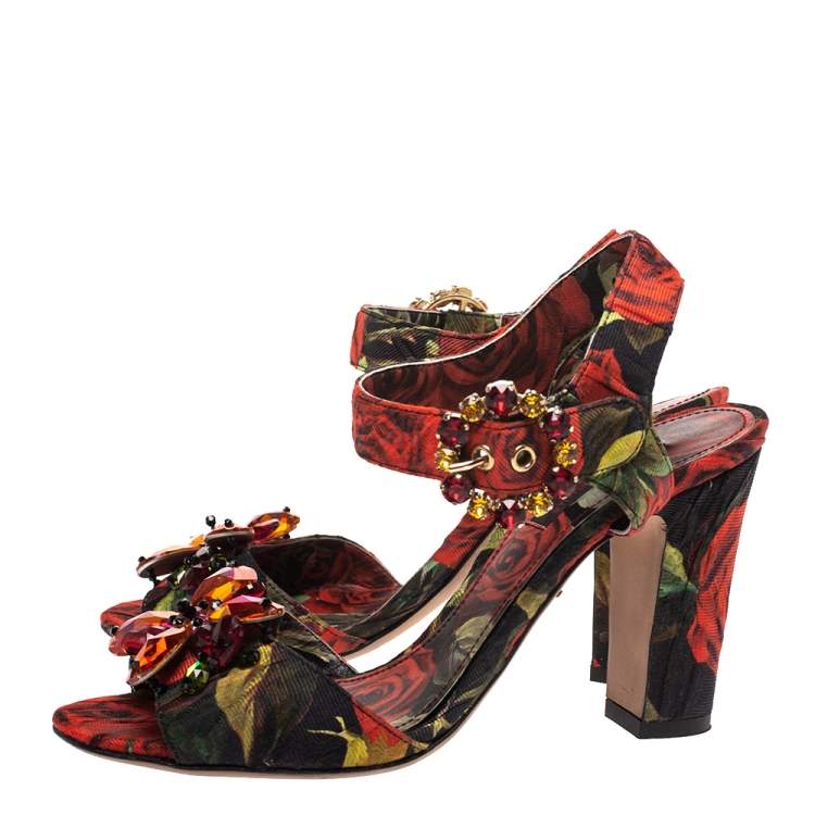 Pre Owned  Dolce & Gabbana Multicolor Floral Printed Fabric Crystal Embellished Ankle Strap Sandals Size 36