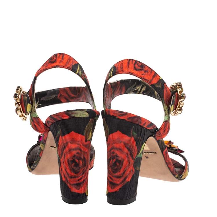Pre Owned  Dolce & Gabbana Multicolor Floral Printed Fabric Crystal Embellished Ankle Strap Sandals Size 36