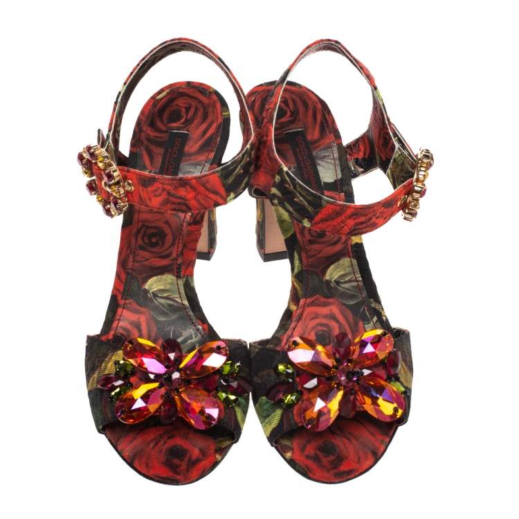 Pre Owned  Dolce & Gabbana Multicolor Floral Printed Fabric Crystal Embellished Ankle Strap Sandals Size 36
