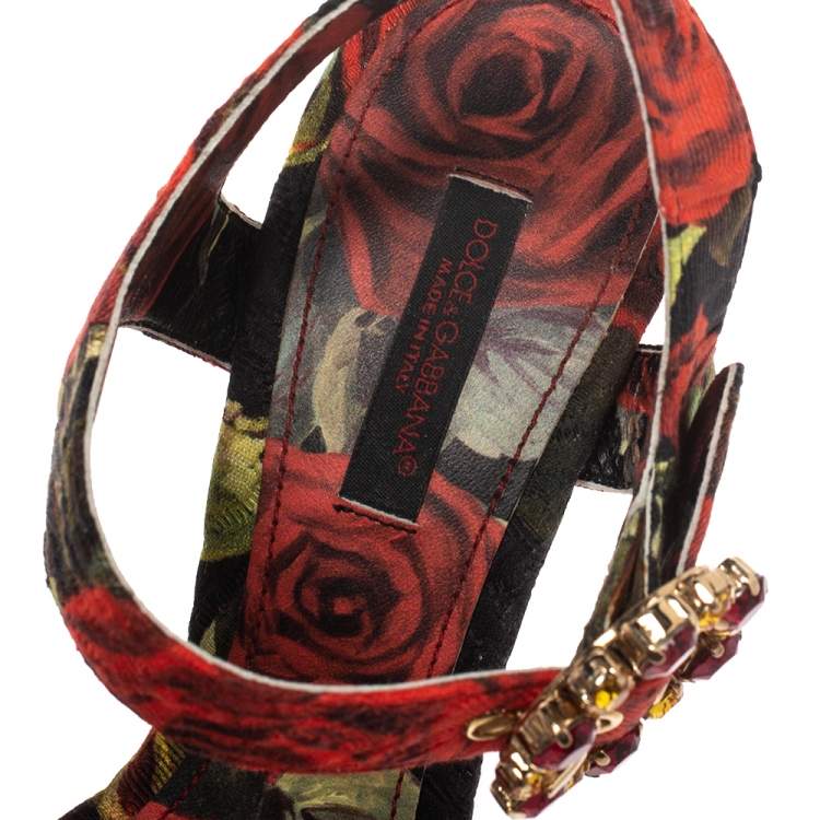 Pre Owned  Dolce & Gabbana Multicolor Floral Printed Fabric Crystal Embellished Ankle Strap Sandals Size 36