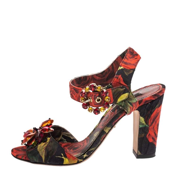 Pre Owned  Dolce & Gabbana Multicolor Floral Printed Fabric Crystal Embellished Ankle Strap Sandals Size 36
