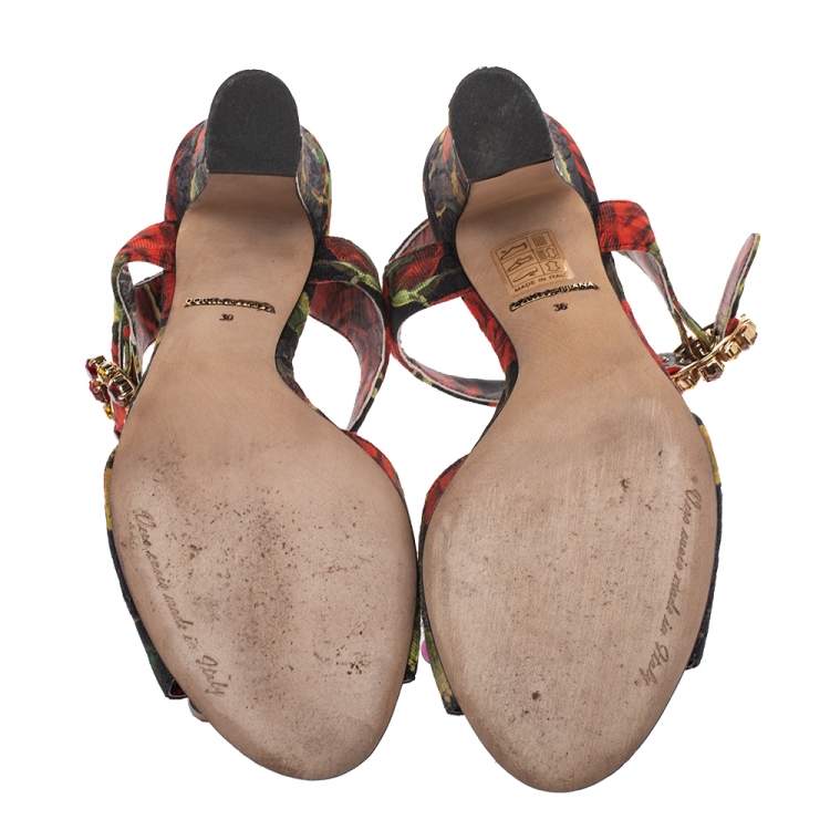 Pre Owned  Dolce & Gabbana Multicolor Floral Printed Fabric Crystal Embellished Ankle Strap Sandals Size 36