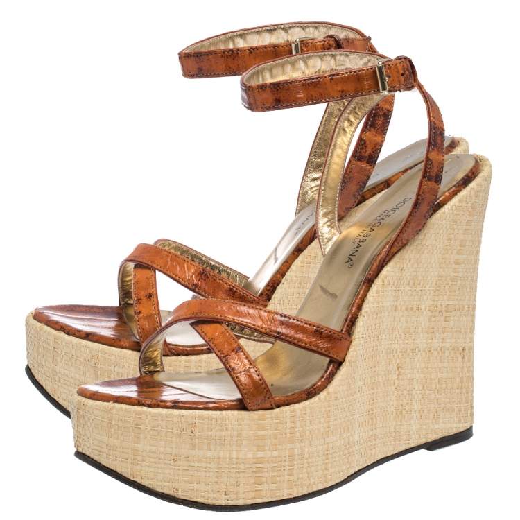 Pre Owned Dolce & Gabbana Tan/Beige Leather Strappy Wedge Sandals Size 39