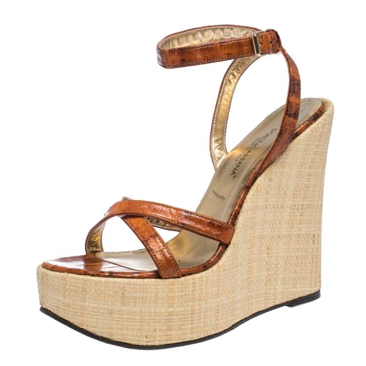 Pre Owned Dolce & Gabbana Tan/Beige Leather Strappy Wedge Sandals Size 39