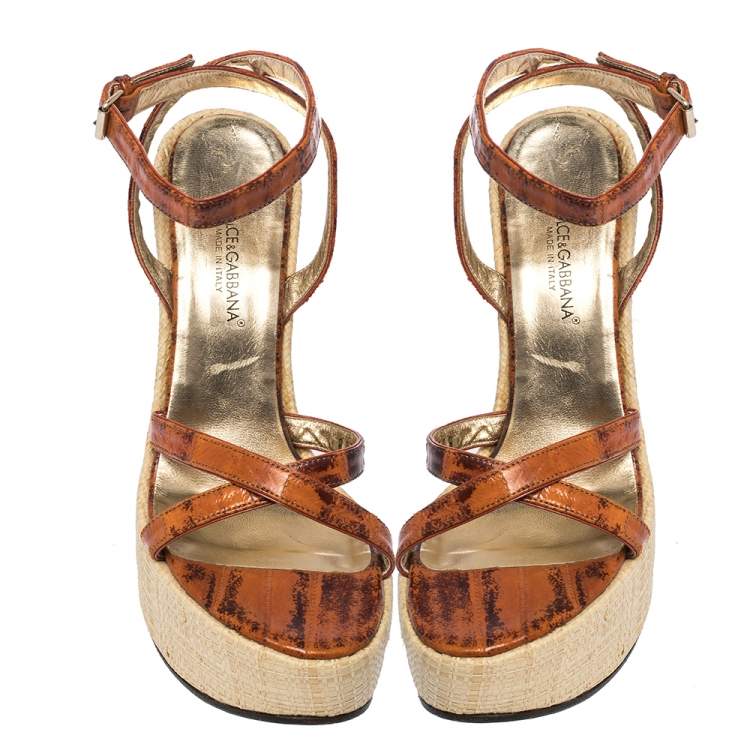 Pre Owned Dolce & Gabbana Tan/Beige Leather Strappy Wedge Sandals Size 39