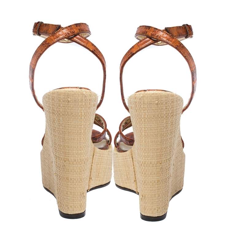 Pre Owned Dolce & Gabbana Tan/Beige Leather Strappy Wedge Sandals Size 39