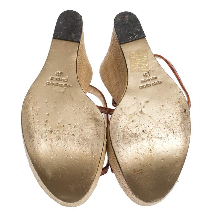 Pre Owned Dolce & Gabbana Tan/Beige Leather Strappy Wedge Sandals Size 39
