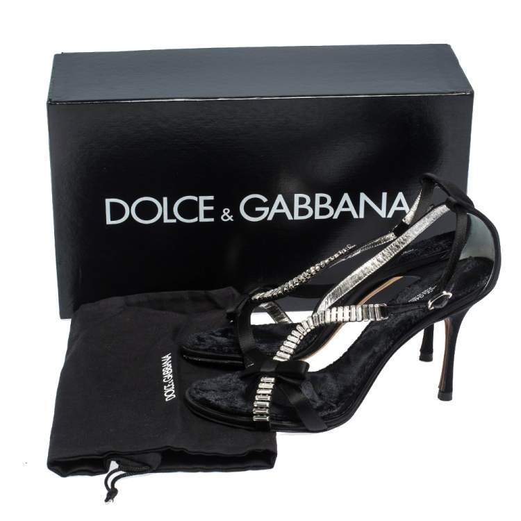 Pre Owned Dolce & Gabbana Black Embellished Satin Ankle Strap Sandals Size 36