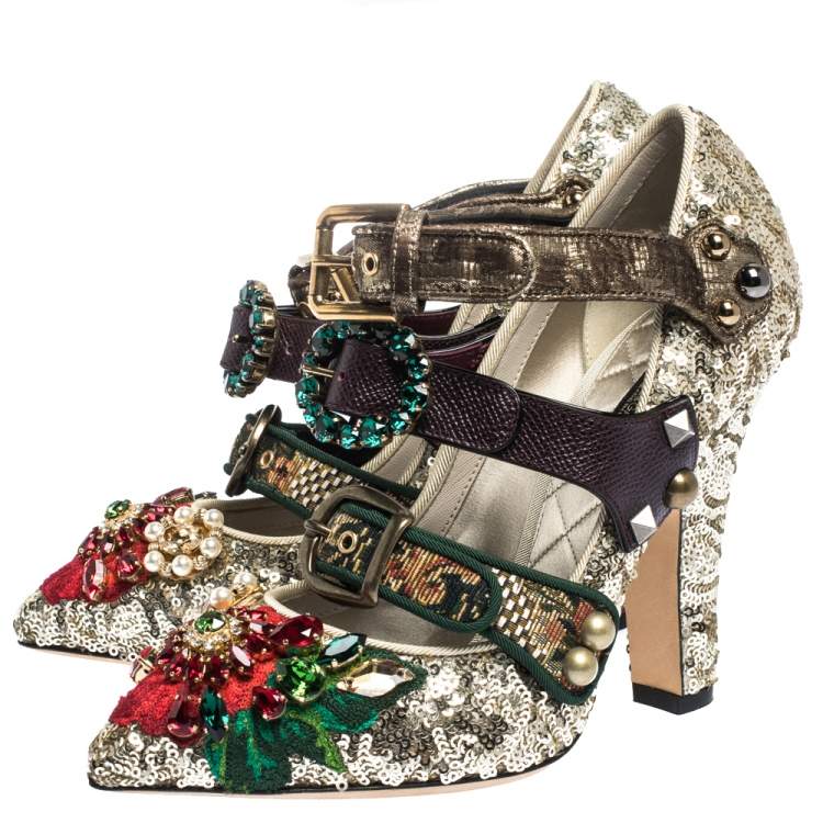 Pre Owned Dolce & Gabbana Multicolor Mixed Media Crystal Embellished Mary Jane Pumps Size 37