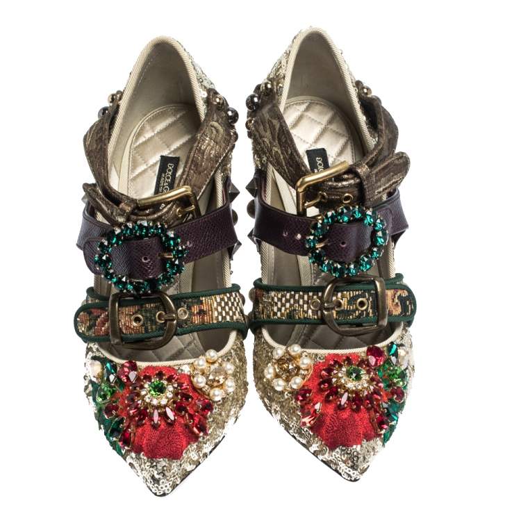 Pre Owned Dolce & Gabbana Multicolor Mixed Media Crystal Embellished Mary Jane Pumps Size 37