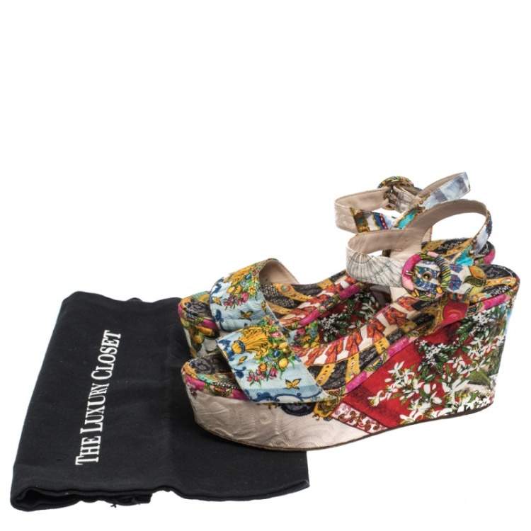 Pre Owned Dolce & Gabbana Multicolor Floral Printed Fabric Platform Wedge Sandals Size 38