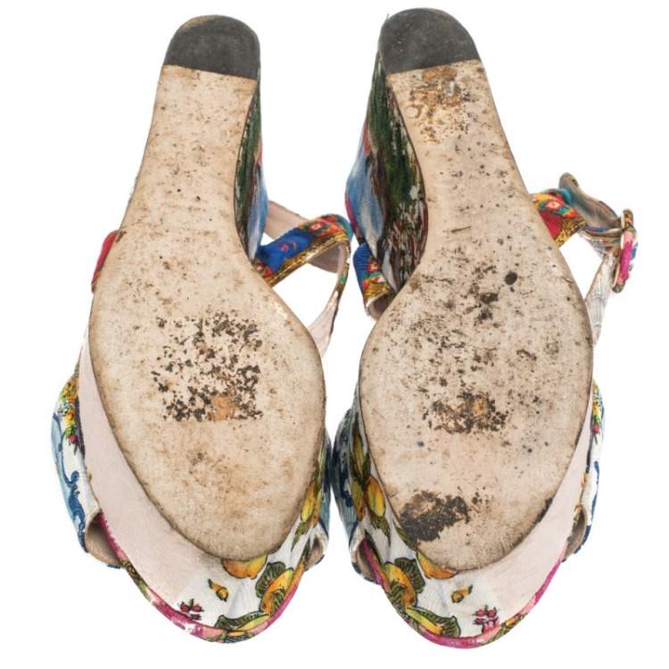 Pre Owned Dolce & Gabbana Multicolor Floral Printed Fabric Platform Wedge Sandals Size 38