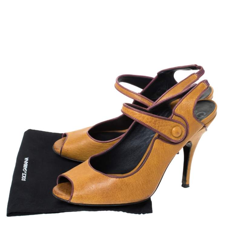 Pre Owned Dolce & Gabbana Tan Leather Mary Jane Peep Toe Pumps Size 39