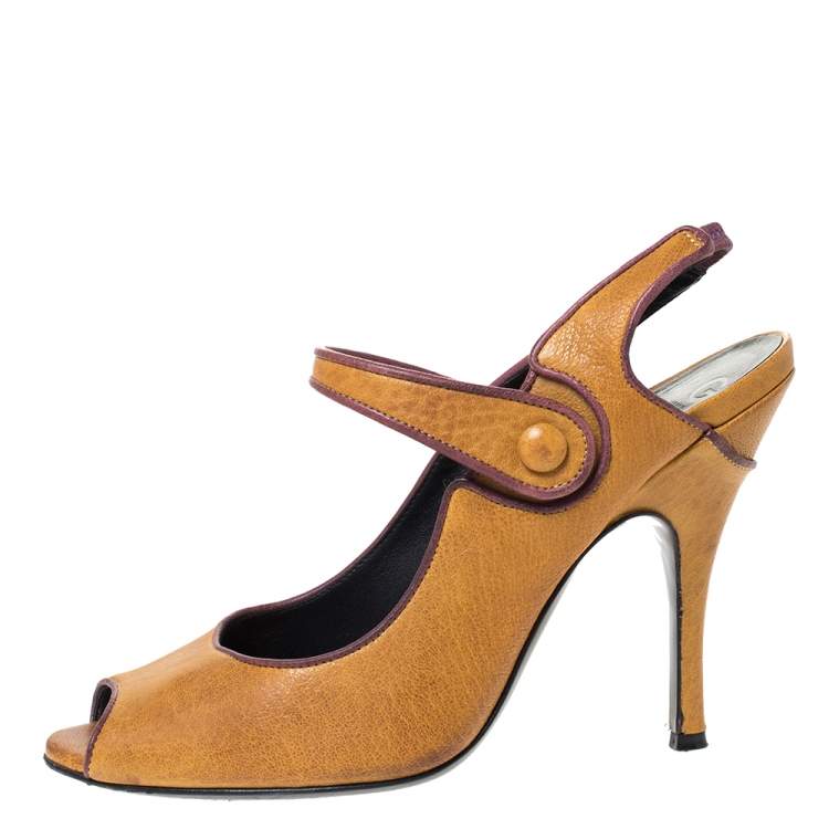 Pre Owned Dolce & Gabbana Tan Leather Mary Jane Peep Toe Pumps Size 39