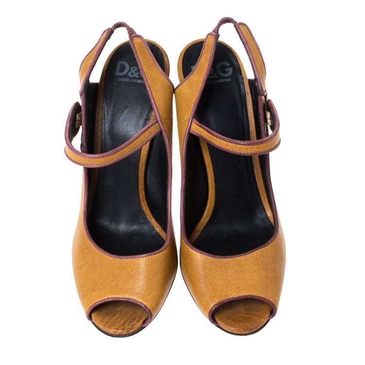Pre Owned Dolce & Gabbana Tan Leather Mary Jane Peep Toe Pumps Size 39
