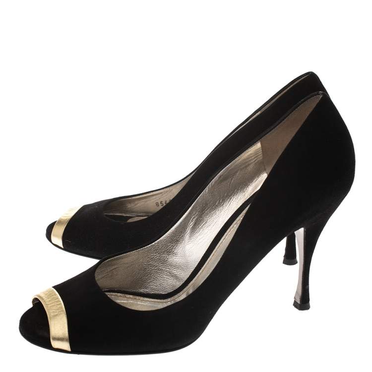 Pre Owned Dolce & Gabbana Black Suede And Gold Leather Peep Toe Buckle Pumps Size 41