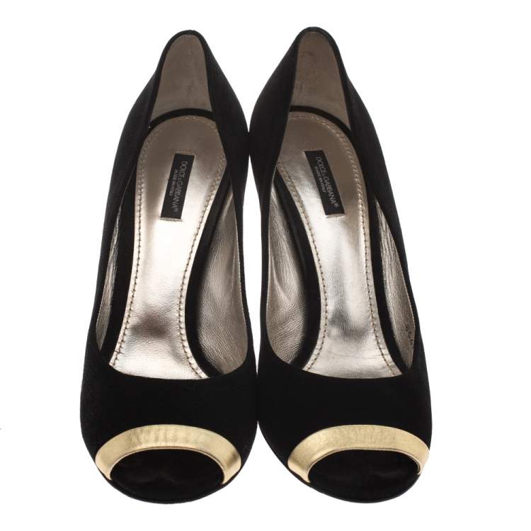 Pre Owned Dolce & Gabbana Black Suede And Gold Leather Peep Toe Buckle Pumps Size 41