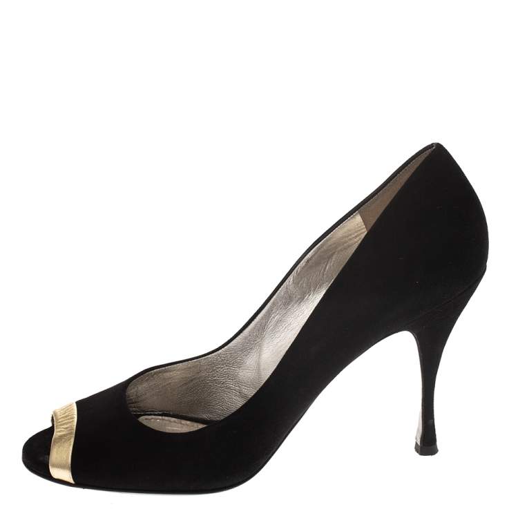 Pre Owned Dolce & Gabbana Black Suede And Gold Leather Peep Toe Buckle Pumps Size 41