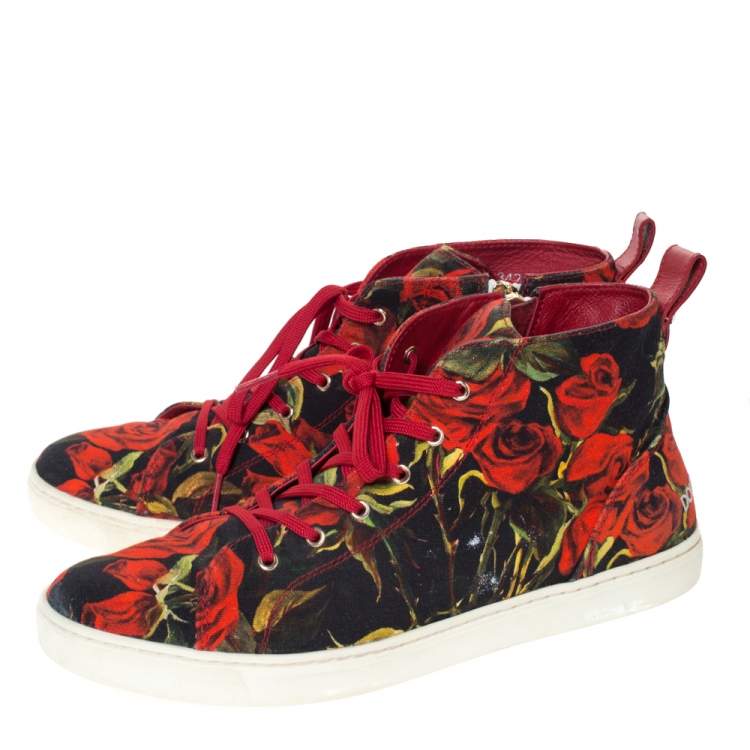 Pre Owned Dolce & Gabbana Red/Black Rose Print Canvas High Top Sneakers Size 40