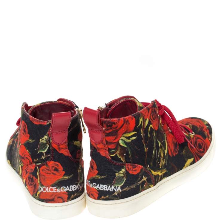 Pre Owned Dolce & Gabbana Red/Black Rose Print Canvas High Top Sneakers Size 40