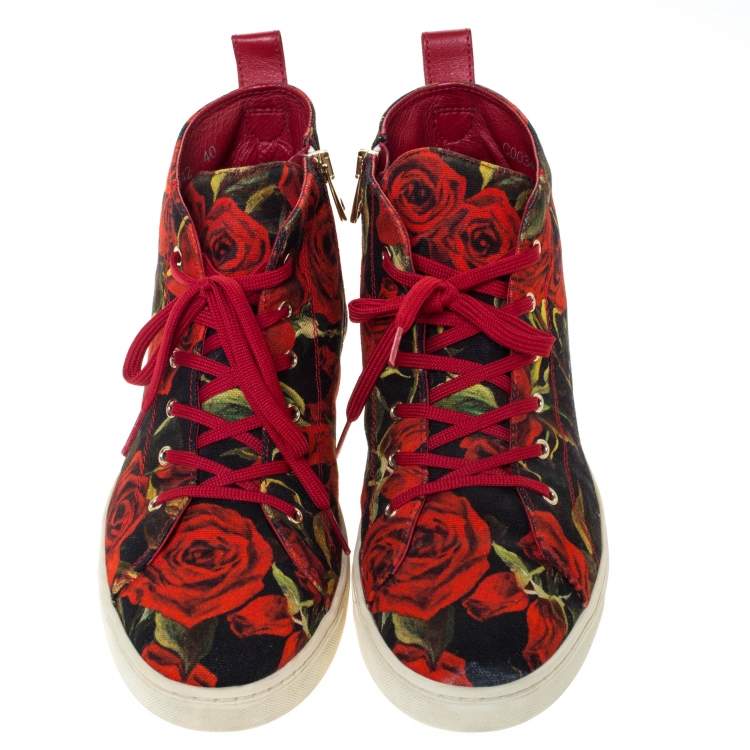 Pre Owned Dolce & Gabbana Red/Black Rose Print Canvas High Top Sneakers Size 40